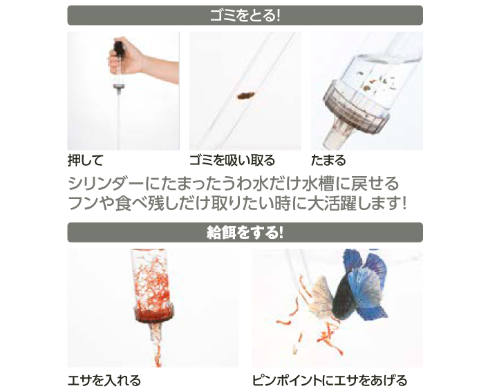 同商品のゴミ取りと給餌の仕組みを示す公式写真